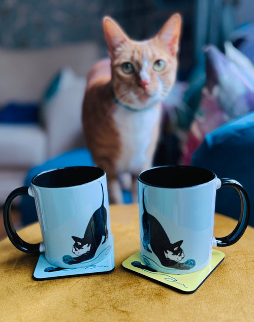 Catford cat coffee mug with black handle and interior