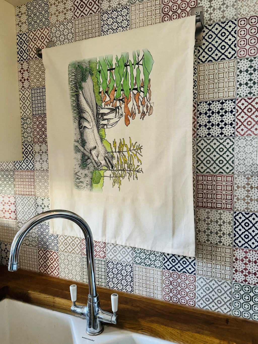 Crystal Palace dinosaur organic cotton tea towel