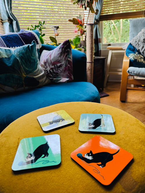 Catford Cat Black And White Cat Coasters – Set Of Four - Colourful UK-Made Designs